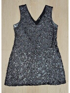 Express Women L Black Silver Metallic Lace Sleeveless V-Neck Party Dress